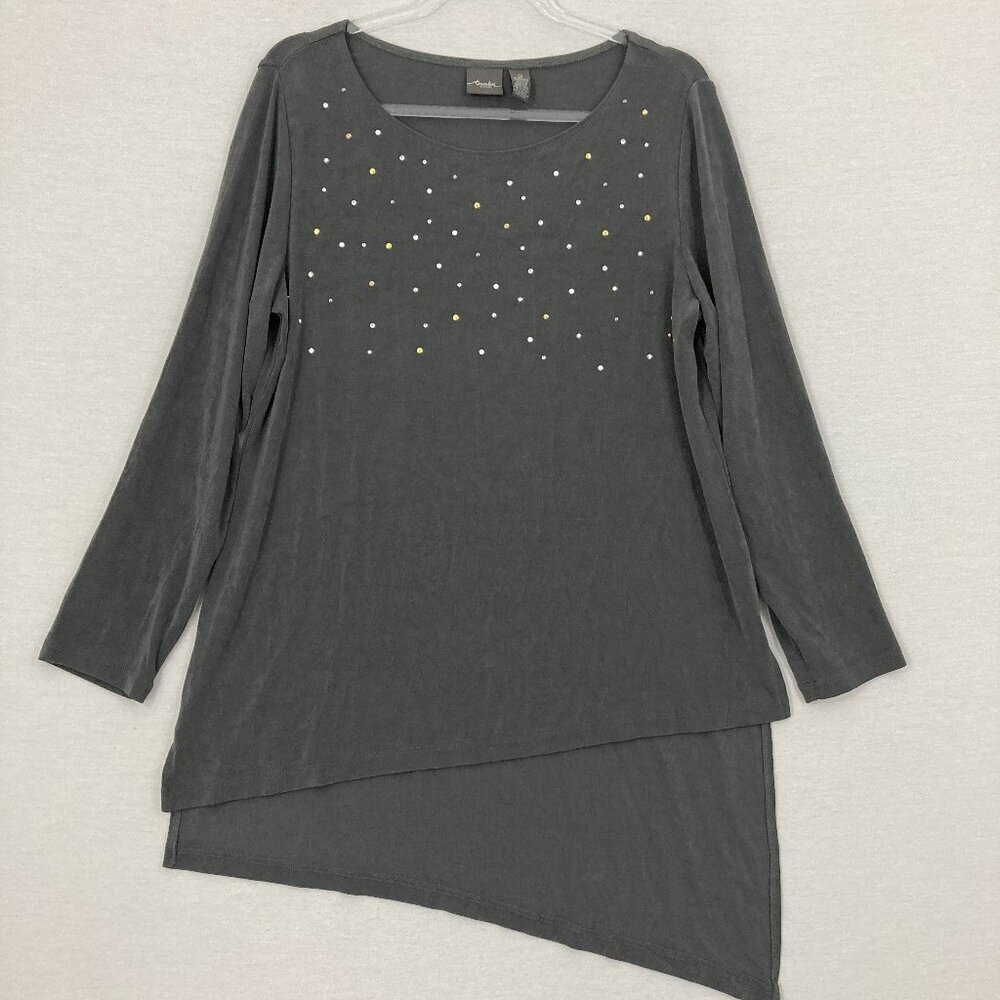 Chico's Travelers Gray Sequins Asymmetric Slinky Knit Tunic Large/2 Artsy